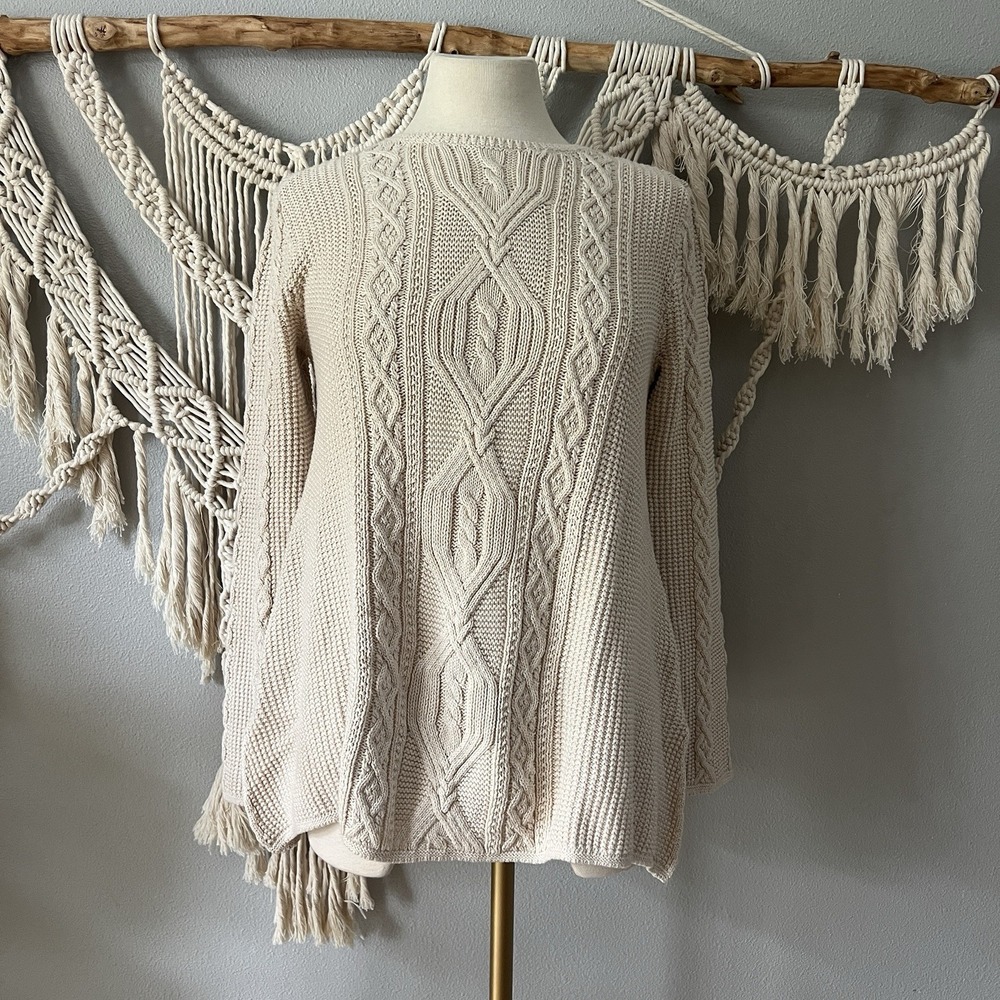BCBGMAXAZRIA Cable Knit Pullover Sweater Medium Beige boho Cotton crewneck